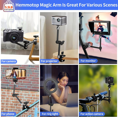 Magic Arm Camera Mount 11 inches with Super Clamp, 6lbs Load Capacity, 1/4" and 3/8" Threads