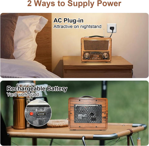 Retro Vintage Bluetooth Radio, Portable AM FM SW Radio with Best Sound, 1200mAh Rechargeable Battery Operated, Loud