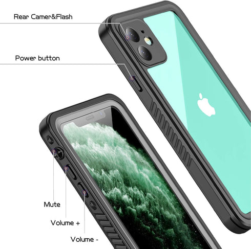Compatible with iPhone 11 Black/Clear Waterproof Case, Full-Body Rugged Bumper with Built-in Screen Protector