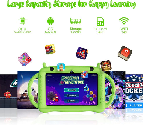 Kids Tablet 7 inch Android 12 for Kids 3-12, Toddler Tablet with WiFi, Bluetooth, and Parental Control