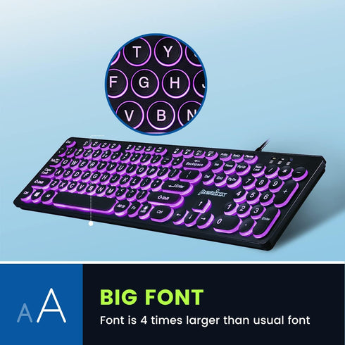 Perixx PERIBOARD-317R Wired USB Keyboard - Tri-Color Illuminated LED - Big Print Letter - Stylish Round Keycaps US