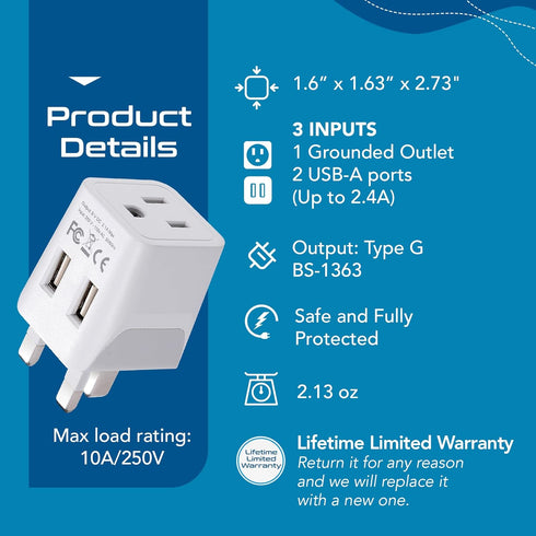 Ceptics UK Travel Adapter Plug - Type G with 2 USB + USA Socket Input - Ultra Compact & Safe Grounded for Cell Phones,