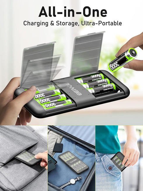 GrnOas.E 8-Pack 3000mWh 1.5V, 350mA Black Charger with Lithium-ion AA Rechargeable Batteries, Independent Slots, Fast