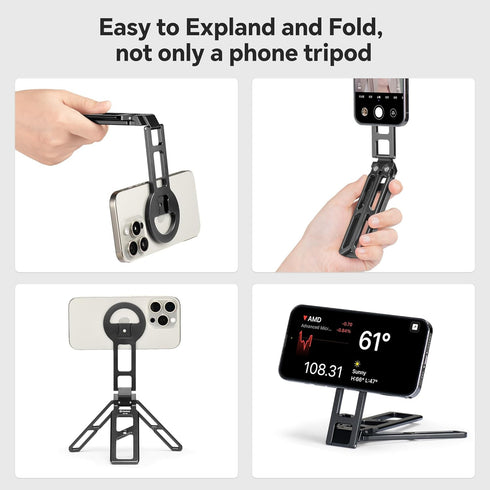 FANAUE 1/4" iphone16 15 14 13 12 Adjustable Phone Tripod Stand, Foldable Magnetic Cell Phone Holder with Arca-Swiss