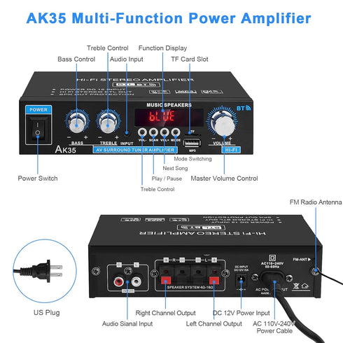 Home Audio Amplifier AK-35 HiFi Bluetooth 5.0 Mini Stereo Power Amp Receivers, 2.0 Channel RMS 30W x 2
