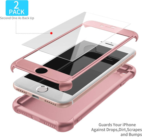 ORETECH iPhone SE 2022 Case with 2 x Tempered Glass Screen Protector, 360° Full Body Protection, Rosegold