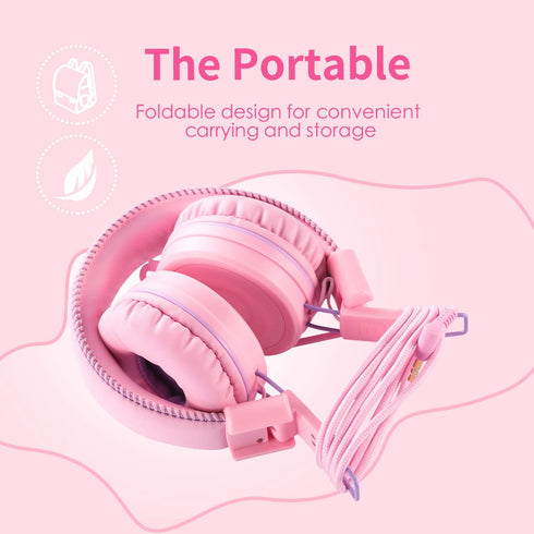 POWMEE M1 Kids Headphones, Foldable Adjustable Stereo Tangle-Free, 3.5MM Jack for Children, Pink