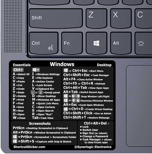 Synerlogic Windows PC Reference Keyboard Shortcut Sticker, Vinyl, No-Residue Adhesive for PC Laptop or Desktop