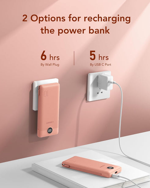 VEGER Portable Charger for iPhone, Built-in Cables and Wall Plug, 10000mAh Slim Fast Charging USB C Power Bank