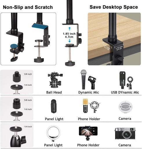 TsOnaRegion 360 15.7-35.4 Inch Camera Desk Mount Heavy Duty Aluminum Alloy with Ball Head - Adjustable Table Clamp