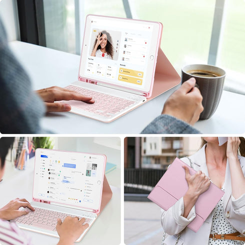 Keyboard Case for iPad 9/8/7th Gen 10.2’’ - Detachable Bluetooth Keyboard with Pencil Holder for iPad 10.2, Pink