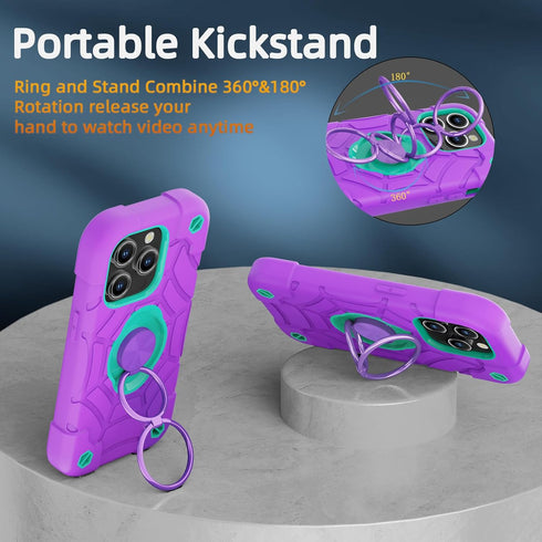 KCJ Tough Rugged Heavy Duty Case for iPhone 15 Pro (6.1") - Purple+Mint with 2× Screen Protectors & Ring Stand.