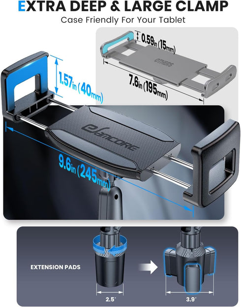 eSamcore Tablet Holder for Car, iPad Cup Holder Mount with 1.57" Depth Large Clamp, 15" Height Adjustable for 6"-12.9"