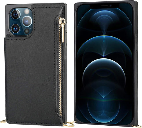 Bocasal Crossbody Wallet Case for iPhone 12 Pro Max, Shockproof Purse Cover with Card Holder & Removable Strap (Black)
