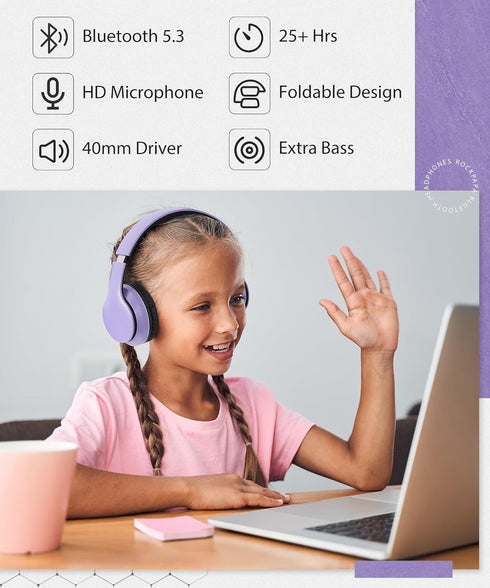 rockpapa E7 Over Ear Wireless Bluetooth Headphones with Mic, Foldable Wired/Wireless Headphones for Kids, Purple Black
