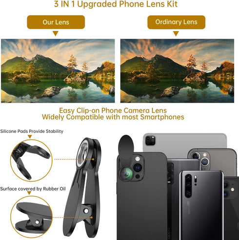 COSULAN Phone Camera Lens 3 in 1 Kit - 235° Fisheye Lens + 25X Macro Lens + 0.62X Wide Angle Lens for Smartphones