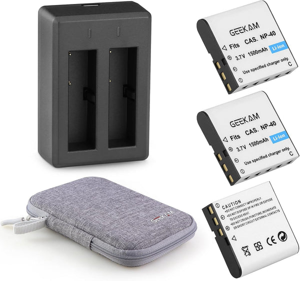 NP-40 Battery Pack, 1500mAh Rechargeable Battery (3-Pack) with USB Dual Charger for Casio NP-40 Camcorders