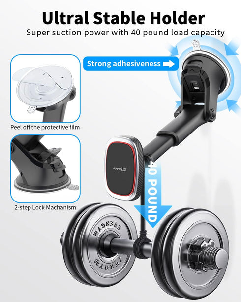 APPS2Car Magnetic Phone Mount with 6 Strong Magnets, Adjustable Telescopic Arm for iPhone/All Smart Phones