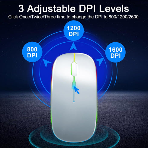 Wireless Bluetooth Mouse for iPad/MacBook Pro/Air/Laptop/PC, Rechargeable Silent Portable Slim (LED/Silver)