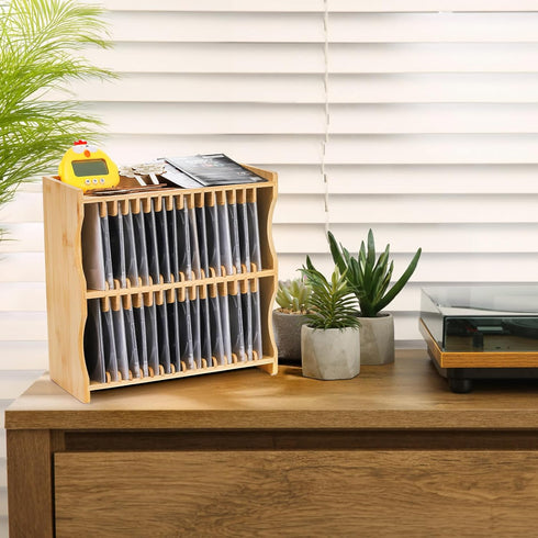 Lyellfe Bamboo CD Holder Rack, DVD Display Shelf for Movie Cases, Holds up to 32 CD Cases