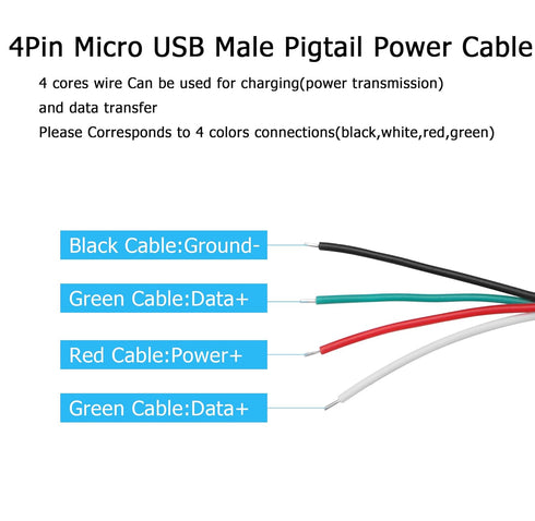 YAODHAOD Micro USB Male 4 Pin Bare Wire, 5V 2A Micro USB Pigtail Power Cable for DIY Replacement Repair (5PCS)