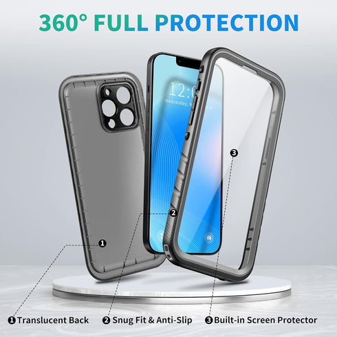 SPORTLINK Waterproof Case for iPhone 13 Pro, Built-in Screen Protector, Full Body Shockproof Dustproof IP68 Case (Black)