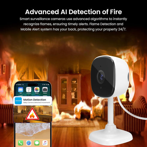 WiFi Indoor Camera for Home Security, 24/7 Recording, SD Card/Cloud Storage, Night Vision, AI Detection