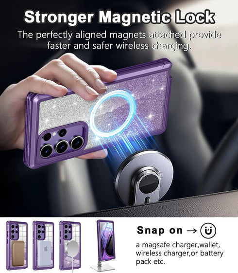 Hekodonk Glitter Case for Samsung Galaxy S24 Ultra, Full Body Shockproof, MagSafe Compatible, with Screen & Camera