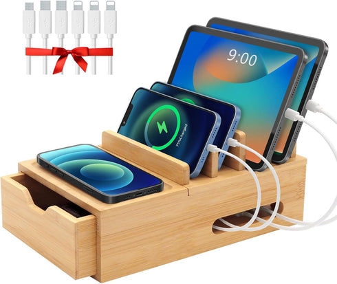 Bamboo Charging Station for Multiple Devices, Desk Organizer with Drawer & Tray, Wood Docking Station, 6 Cables
