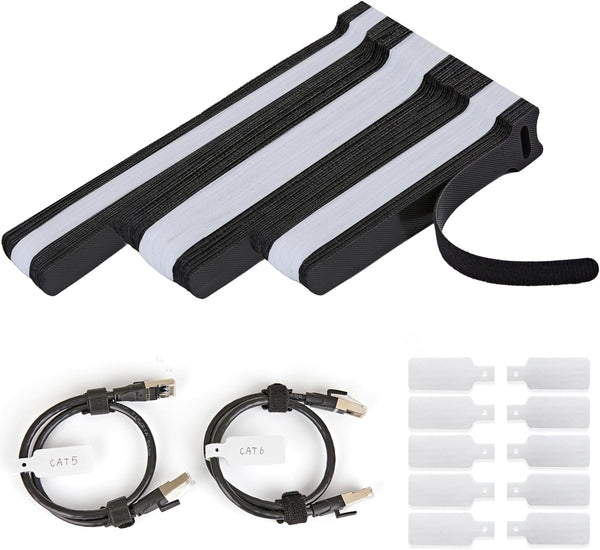 70 PCS Reusable Cable Ties with Hook and Loop, Adjustable Cable Management Wire Ties & 10 PCS Cable Labels, Black+White