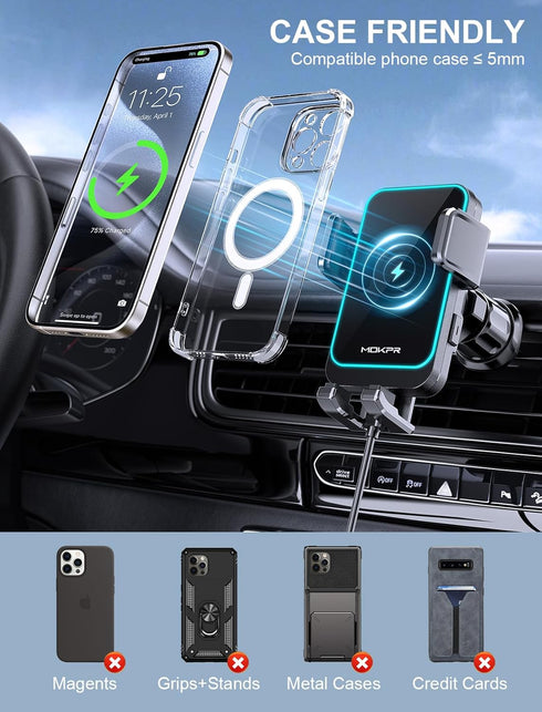 Wireless Car Charger, MOKPR 15W Fast Charging Auto Clamping Car Phone Holder for iPhone 15/14/13/12 Pro Max