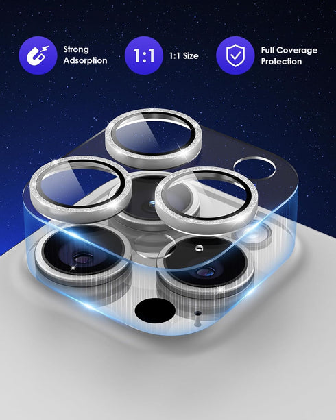 for iPhone 15 Pro/iPhone 15 Pro Max Glitter Camera Lens Protector, Clear Acrylic Plus Aluminium Alloy Ring 9H Tempered Glass Screen Camera Cover for iPhone 15 Pro Max/15 Pro, Silver