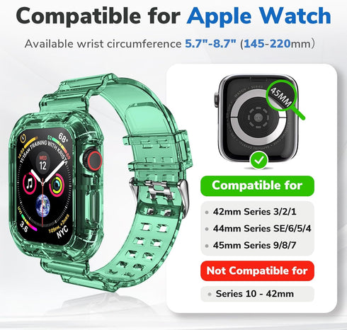 Clear Watch Band for Apple Watch 42mm 44mm 45mm, Transparent Crystal Bumper Case Compatible
