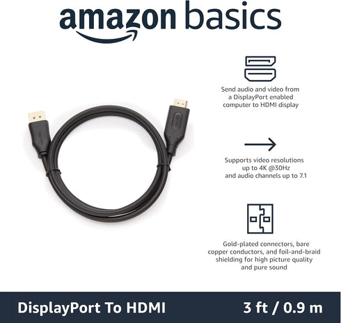 3 Amazon Basics DisplayPort to HDMI Cable, Uni-Directional, Gold-Plated, Video and Audio, Foot, Black