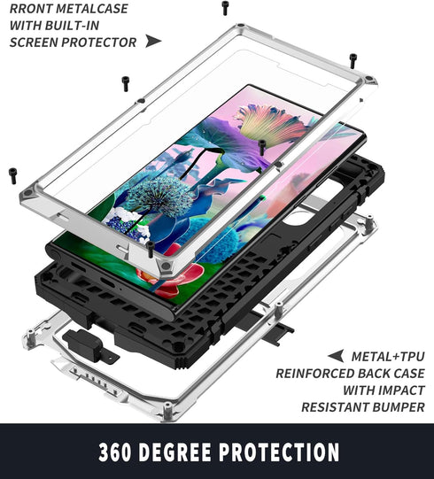 Samsung S23 Ultra Compatible Metal Case with Screen Protector, Rugged Heavy Duty Full Body Tough Case (Silver)
