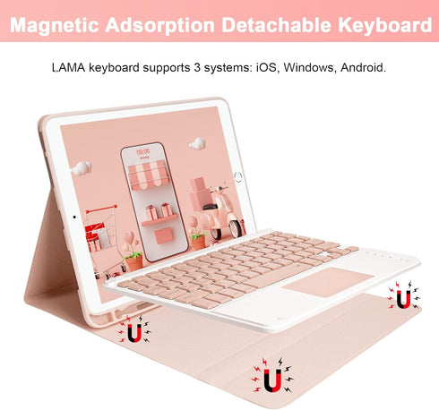 LAMA Wireless Keyboard Case with Touchpad for iPad 10.2" 9th 8th 7th Generation, Detachable Bluetooth Keyboard with Pencil Holder for iPad 10.2 Inch/iPad Air 10.5"(3rd Gen)/iPad Pro 10.5 in, Pink