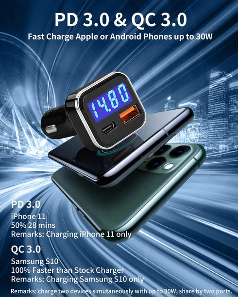 USB C Car Charger Adapter with Voltage Display, 30W Fast Charge Power Delivery & Quick Charge 3.0 Compatible with