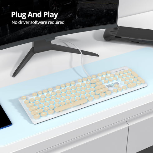 iTastatur 104-key Typewriter Keyboard Punk Gaming Retro Keyboard LED Ice Blue Backlit Cute Keyboard with Wired USB