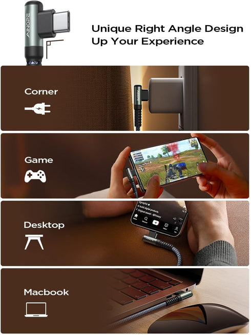 AINOPE 60W Type C to Type C Cable 4-Pack: 10FT, 6.6FT, 3.3FT, Right Angle, Fast Charging for Samsung S22, Note 20
