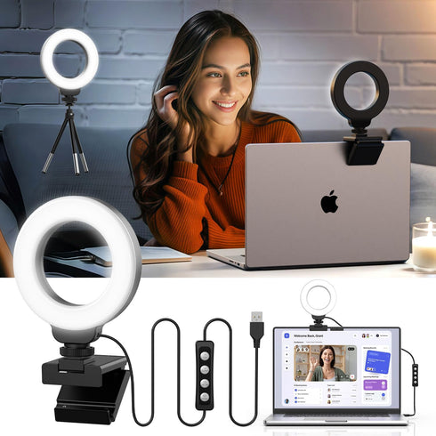 Ring Light for Laptop/Computer, 4'' Small Video Conference Lighting with Tripod, 3 Light Modes & 10 Brightness