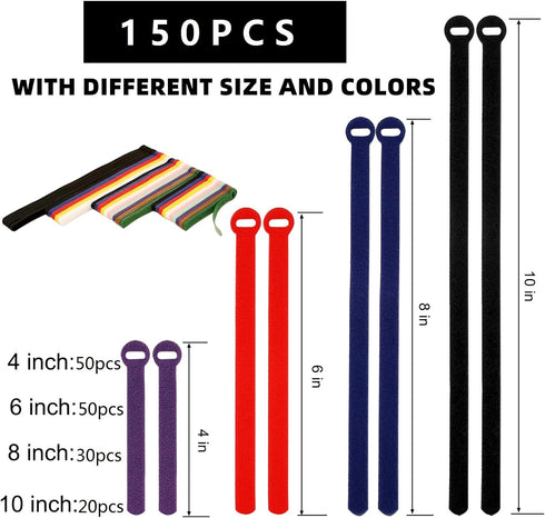150PCS Cable Ties, 4+6+8+10 Inch Reusable Cable Management, Adjustable Cord Organizer, Microfiber Cloth Hook and Loop
