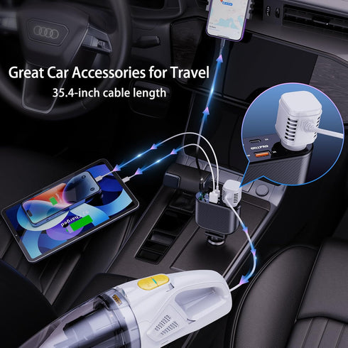 OHLPRO 5 in 1 Retractable Car Charger, 168W USB C Cigarette Lighter Adapter, Fast Charger with Dual USB Ports