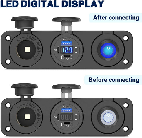 Qidoe 12V USB Panel Cigarette Lighter Socket with Rocker Switch, 58W Multiport USB Outlet for Car Marine RV Truck