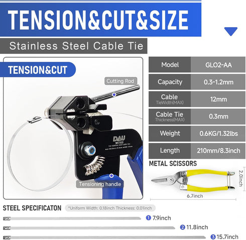 Stainless Steel Cable Tie Gun Kit with 150PCS Ties, Tool for Fastening and Cutting Metal Cable Ties