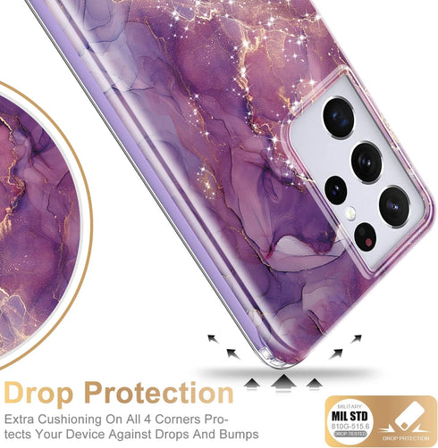 Esdot Rugged Case for Samsung Galaxy S21 Ultra, Military Grade with Fashion Designs, Glitter Purple Marble