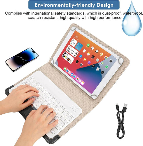 HD 10 Tablet Case, Universal Tablet Keyboard Case, Slim Folding PU Leather Stand Cover with Bluetooth Keyboard for Most