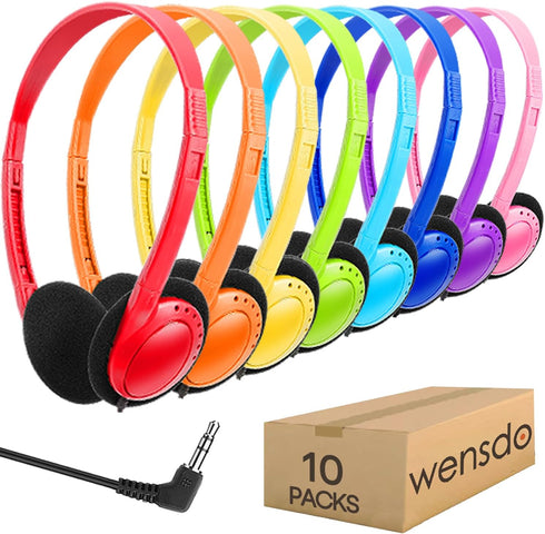 Kids Headphones Bulk 10 Pack for School - Adjustable On Ear Earphones Class Set for Library, Airplane, Computer