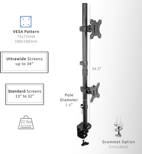 VIVO Dual Vertically Stacked Monitor Desk Mount, Adjustable Stand for 2 Ultrawides up to 34 inches