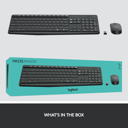 Logitech MK235 Wireless Keyboard and Mouse Combo, USB Receiver, 15 FN Keys, Long Battery Life for Windows, PC