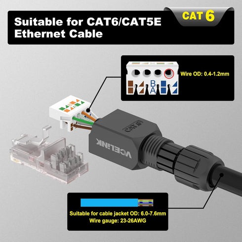 VCELINK RJ45 Connector Tool-Free, CAT6 Field Termination Plug, Gold Plated Modular Plug for 23 to 26 AWG Cable